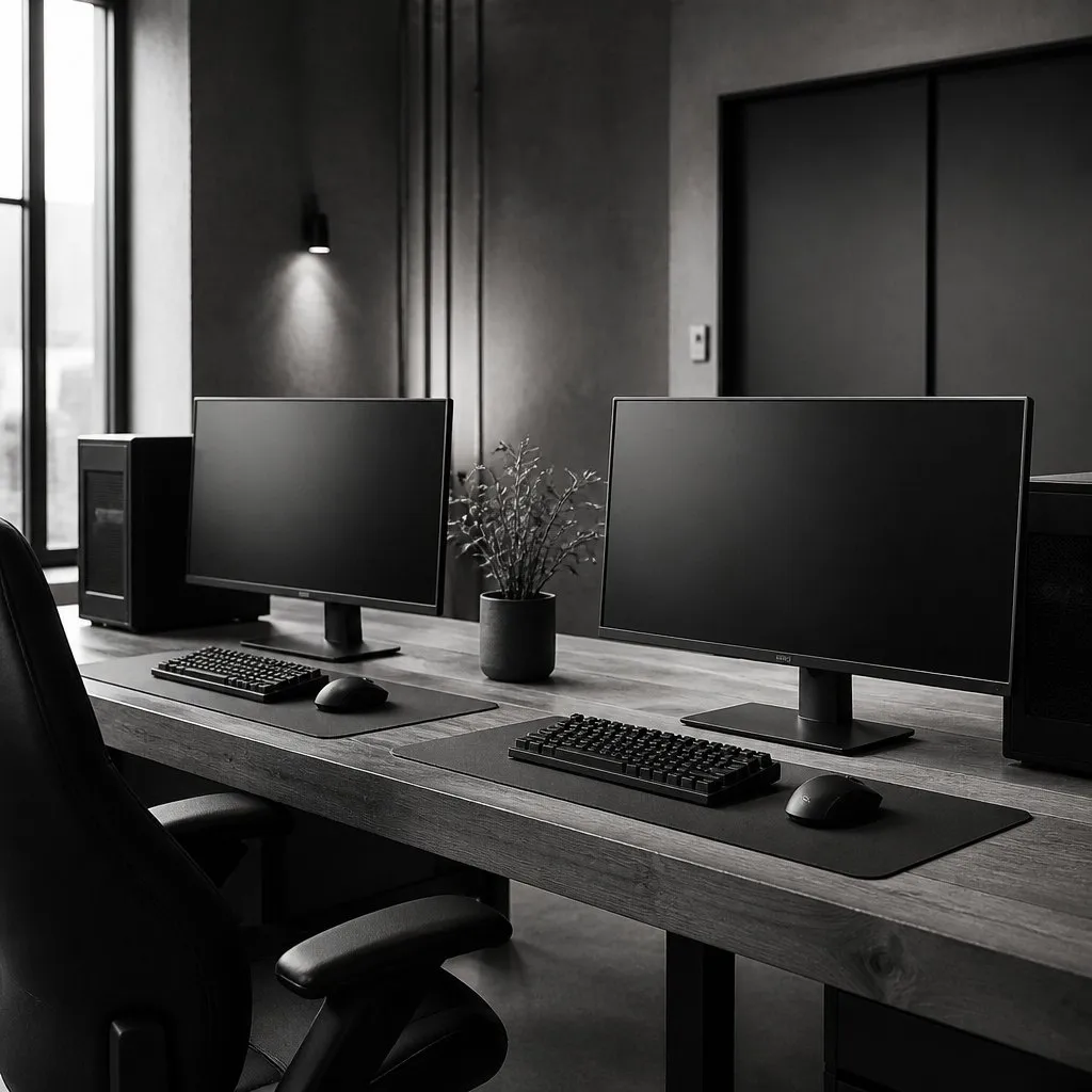 Two gaming stations side by side sharing one wide wooden bench desk