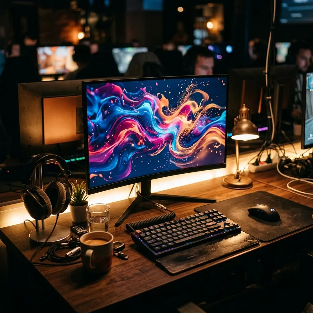 Close detail of a gaming station keyboard and screen in soft daylight