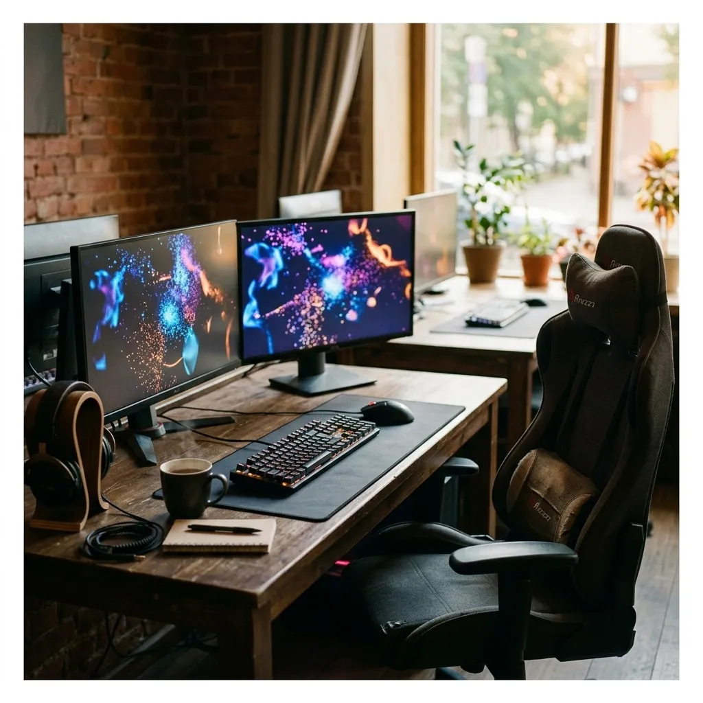 Detail of a high-back gaming chair and desk near the club windows