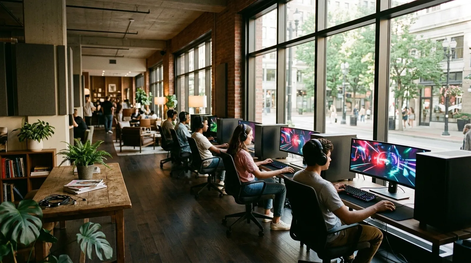 Bright computer club hall with rows of gaming stations under daylight windows